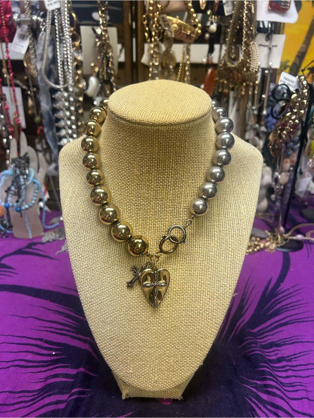 NWOT Free People Two Tone Heart Cross Charm Beaded Necklace